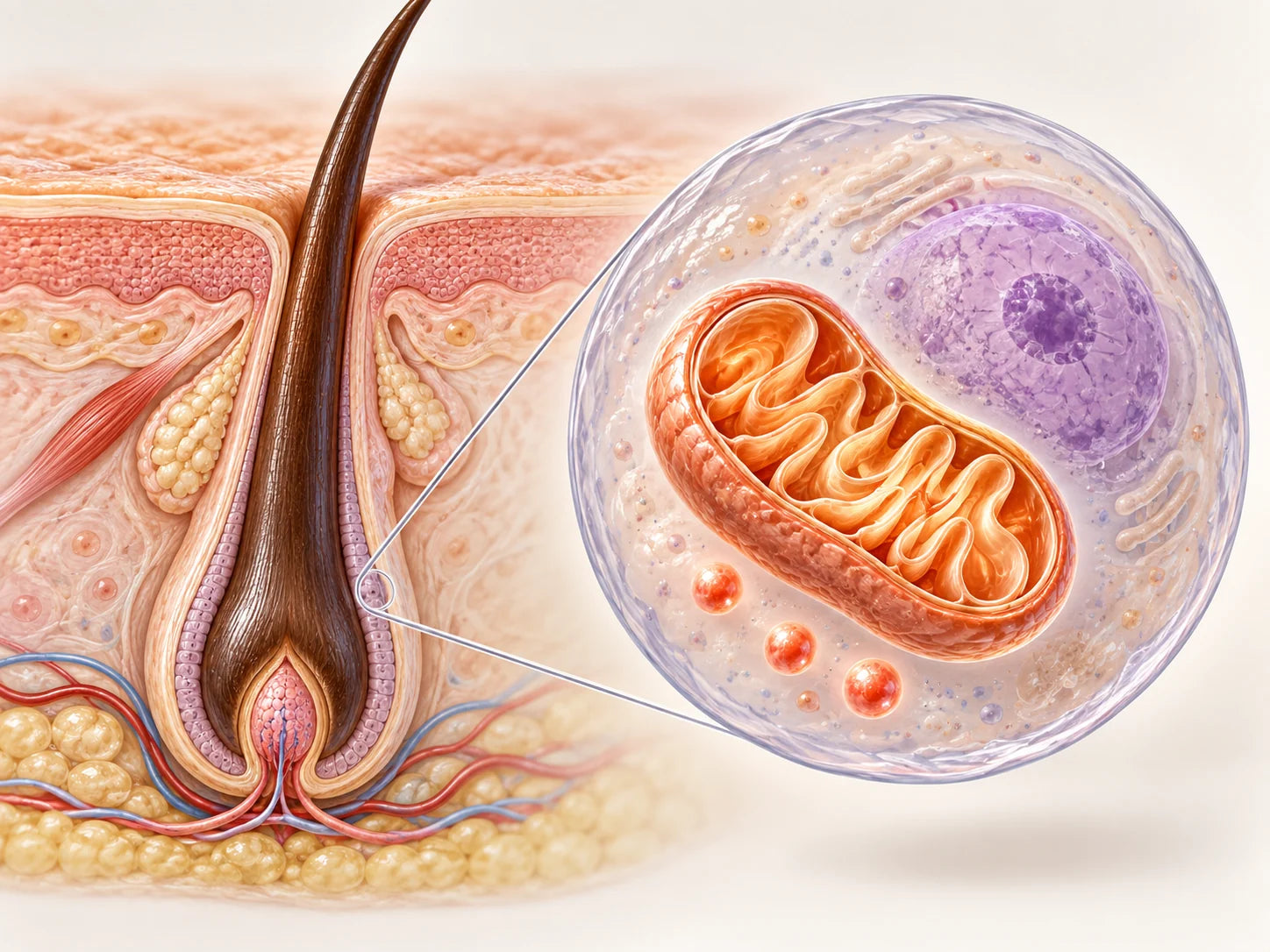 Illustration connecting a hair follicle to a magnified follicle cell and its mitochondrion.