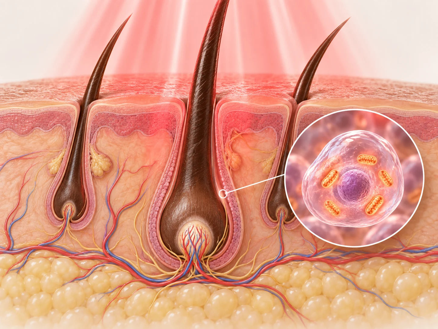Illustration of red light reaching scalp hair follicles, with a magnified follicle cell.