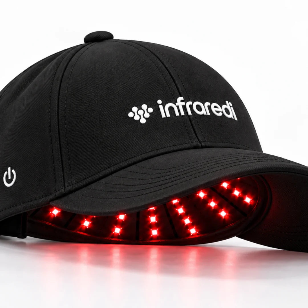Infraredi Hair Growth Hat with 90 red light sources glowing under the brim