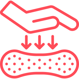 Red icon of a hand with arrows pointing to a dotted pad.