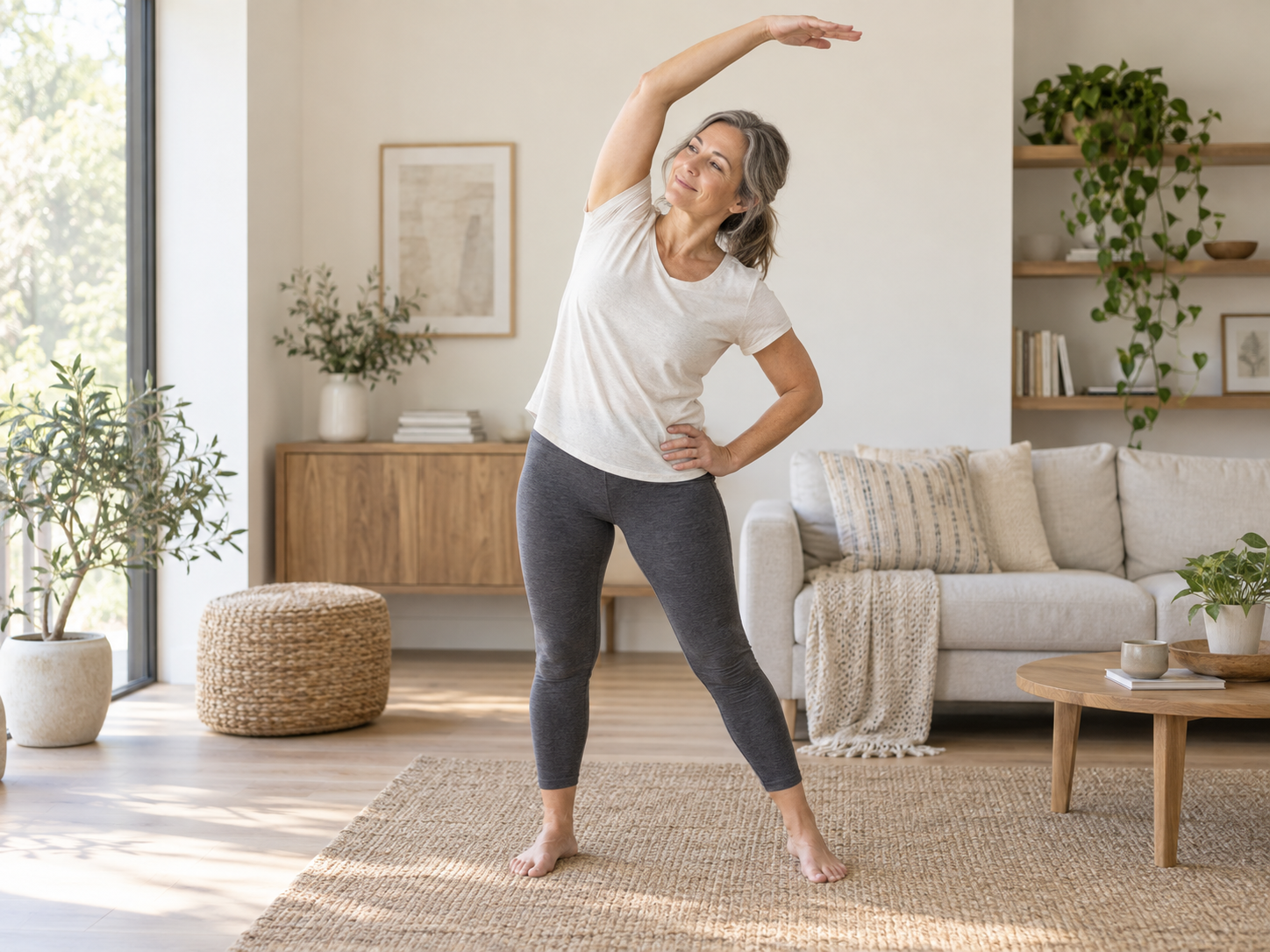 Woman doing a gentle side stretch in a bright living room.